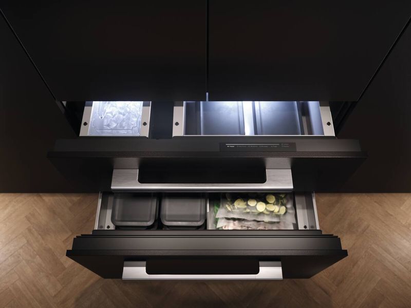 Miele 36" MasterCool bottom-mount unit, model KFMC 3846 FD — built-in bottom mounts specified and installed by iKitchen Cabinetry, view 3