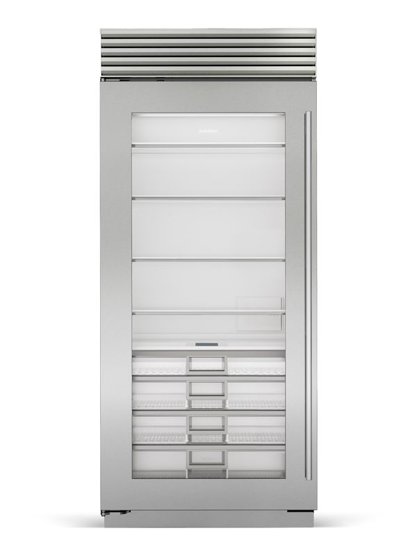Sub-Zero 36" Classic Refrigerator with Glass Door, model CL3650RA/S/T/L — column refrigeration specified and installed by iKitchen Cabinetry