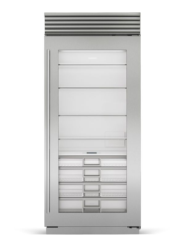 Sub-Zero 36" Classic Refrigerator with Glass Door, model CL3650RA/S/T/R — column refrigeration specified and installed by iKitchen Cabinetry