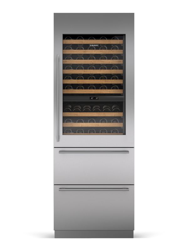 Sub-Zero 30" Designer Wine Storage with Refrigerator Drawers - Panel Ready, model DET3050WR/R — wine storage specified and installed by iKitchen Cabinetry