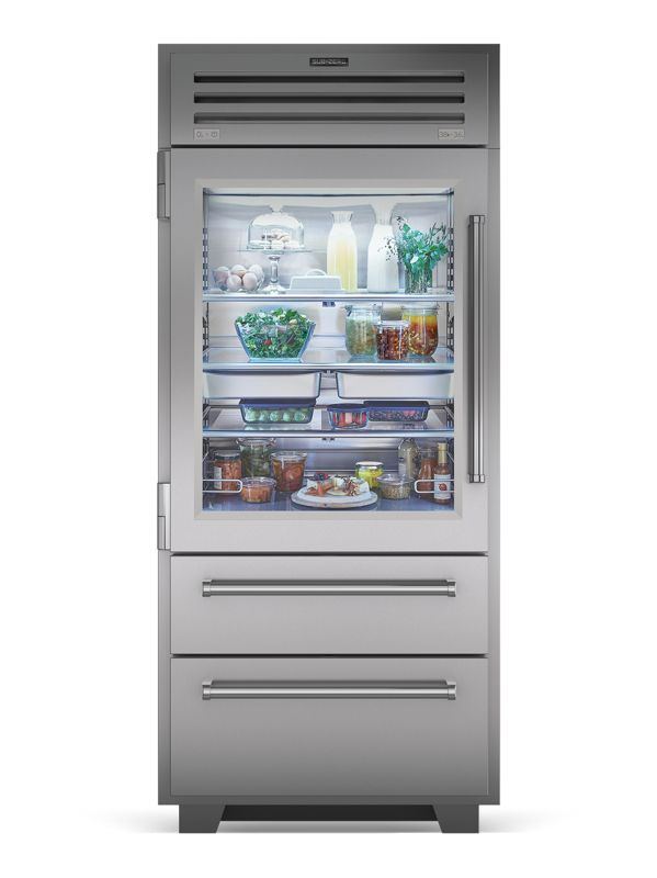 Sub-Zero 36" PRO Refrigerator/Freezer with Glass Door, model PRO3650A/LH — over-and-under specified and installed by iKitchen Cabinetry
