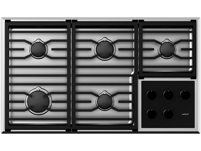 Wolf 36" Transitional Gas Cooktop - 5 Burners, model CG365T/S/LP — cooktops & rangetops & modules specified and installed by iKitchen Cabinetry