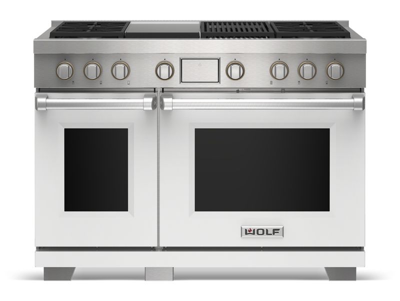Wolf 48" Dual Fuel Range - 4 Burners, Infrared Charbroiler and Infrared Griddle, model DF48450CG/S/P — ranges specified and installed by iKitchen Cabinetry
