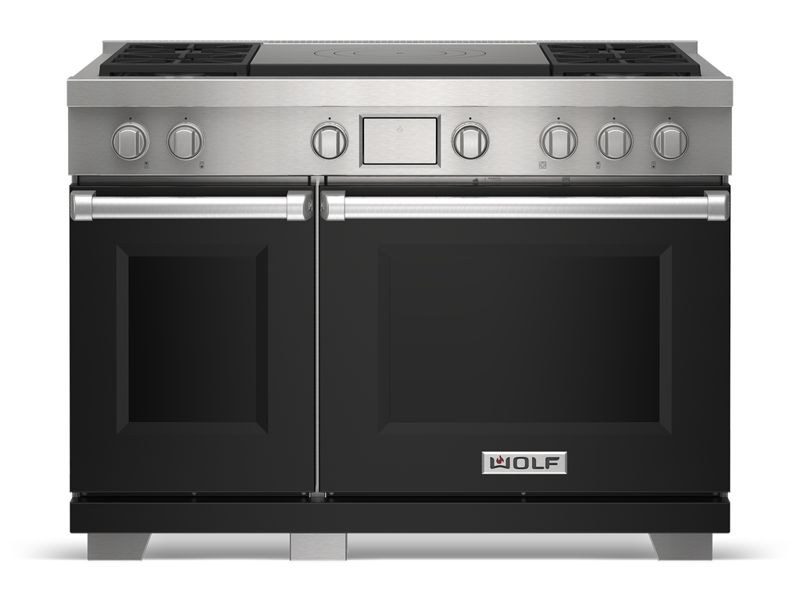 Wolf 48" Dual Fuel Range - 4 Burners and French Top, model DF48450F/S/P/LP — ranges specified and installed by iKitchen Cabinetry