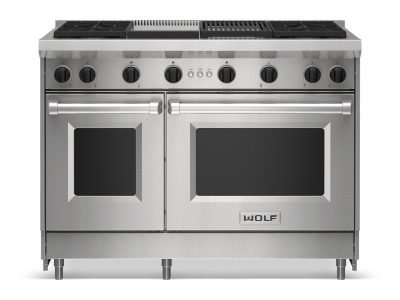 Wolf 48" Gas Range - 4 Burners, Infrared Charbroiler and Infrared Griddle, model GR484CG-LP — ranges specified and installed by iKitchen Cabinetry