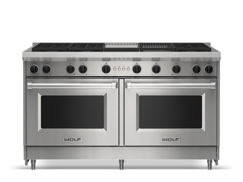 Wolf 60" Gas Range - 6 Burners, Infrared Charbroiler and Infrared Griddle, model GR606CG-LP — ranges specified and installed by iKitchen Cabinetry