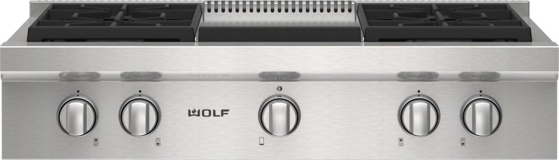 Wolf 36" Sealed Burner Rangetop - 4 Burners and Infrared Griddle, model SRT364G-LP — ranges specified and installed by iKitchen Cabinetry