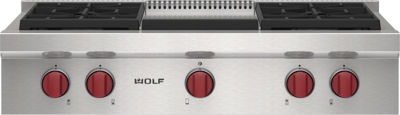 Wolf 36" Sealed Burner Rangetop - 4 Burners and Infrared Griddle, model SRT364G-LP — ranges specified and installed by iKitchen Cabinetry, view 2