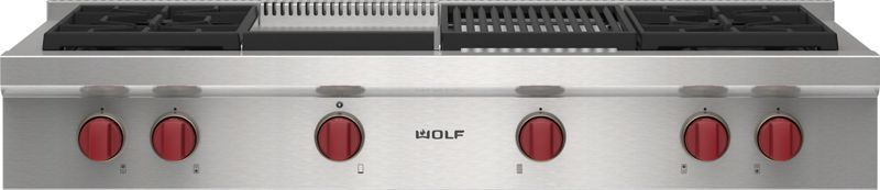 Wolf 48" Sealed Burner Rangetop - 4 Burners, Infrared Charbroiler and Infrared Griddle, model SRT484CG — ranges specified and installed by iKitchen Cabinetry
