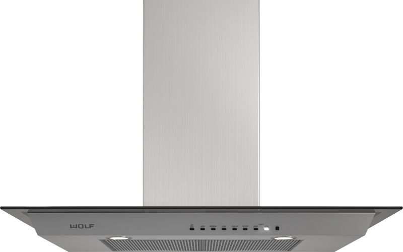 Wolf 36" Cooktop Wall Hood - Glass, model VW36G — ventilation specified and installed by iKitchen Cabinetry