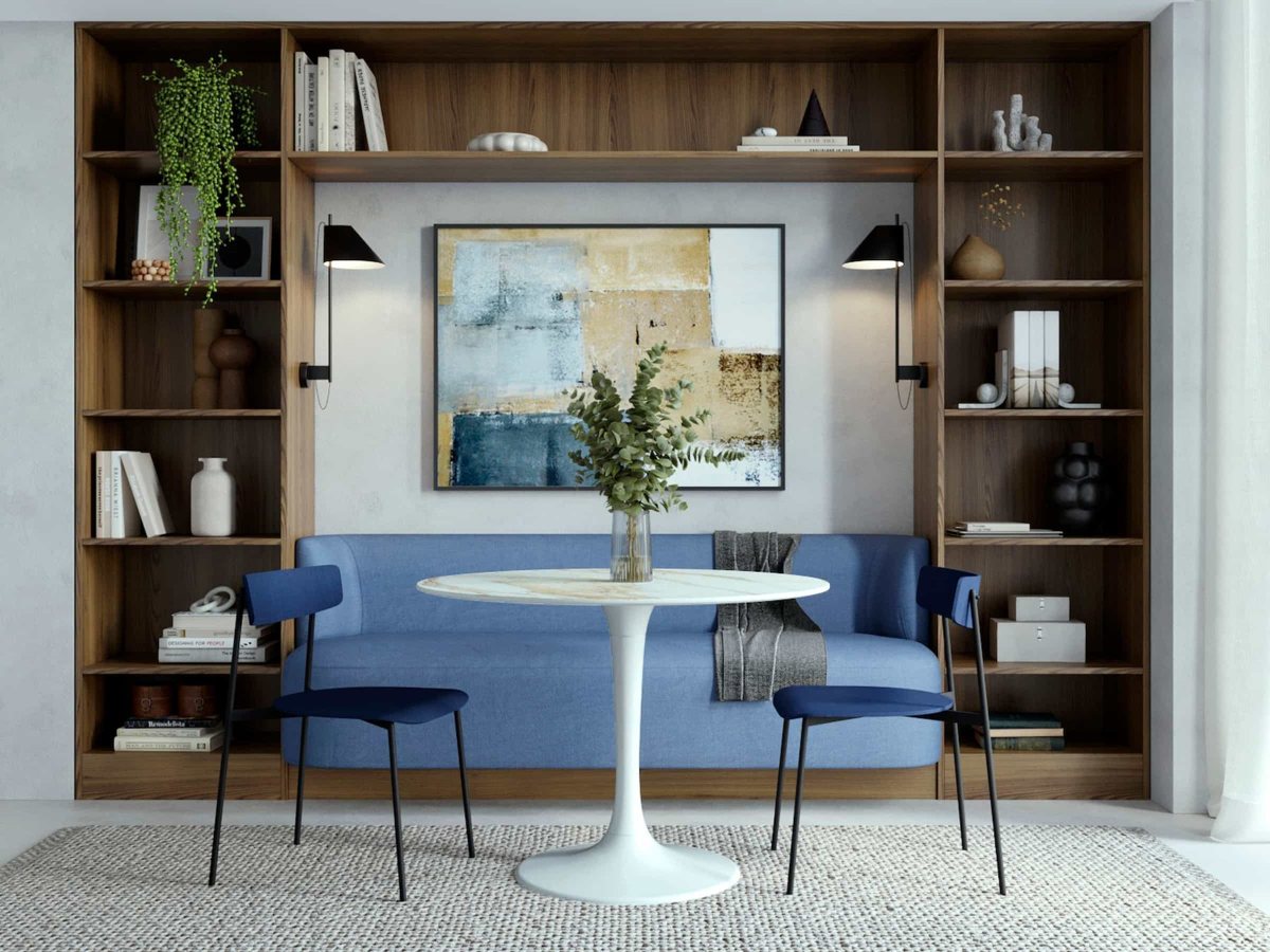 Dining room with ALVIC Alhambra 03 elm cabinetry and contrasting compact laminate surfaces