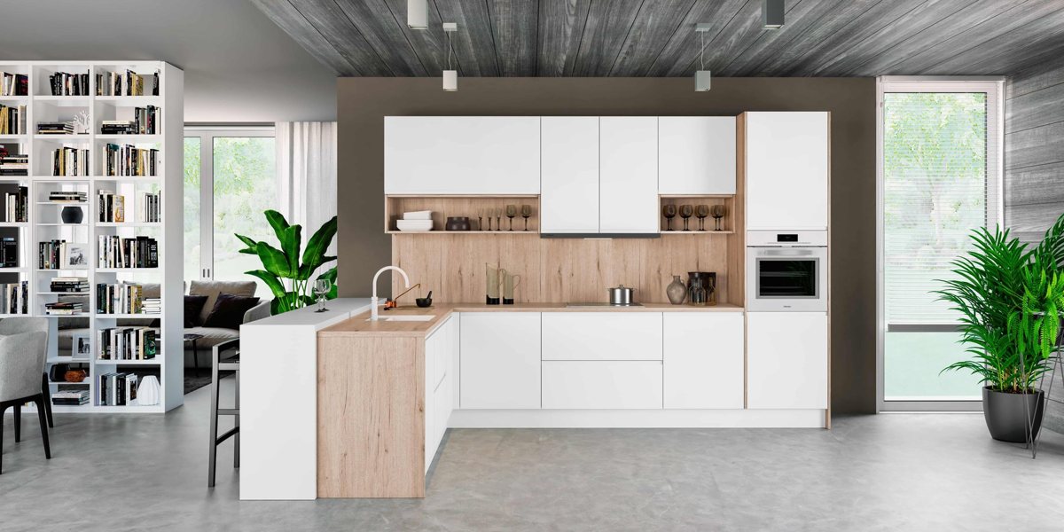 Kitchen with mid-tone ALVIC Anniversary Oak 02 SYNCRON fronts and white super-matt units