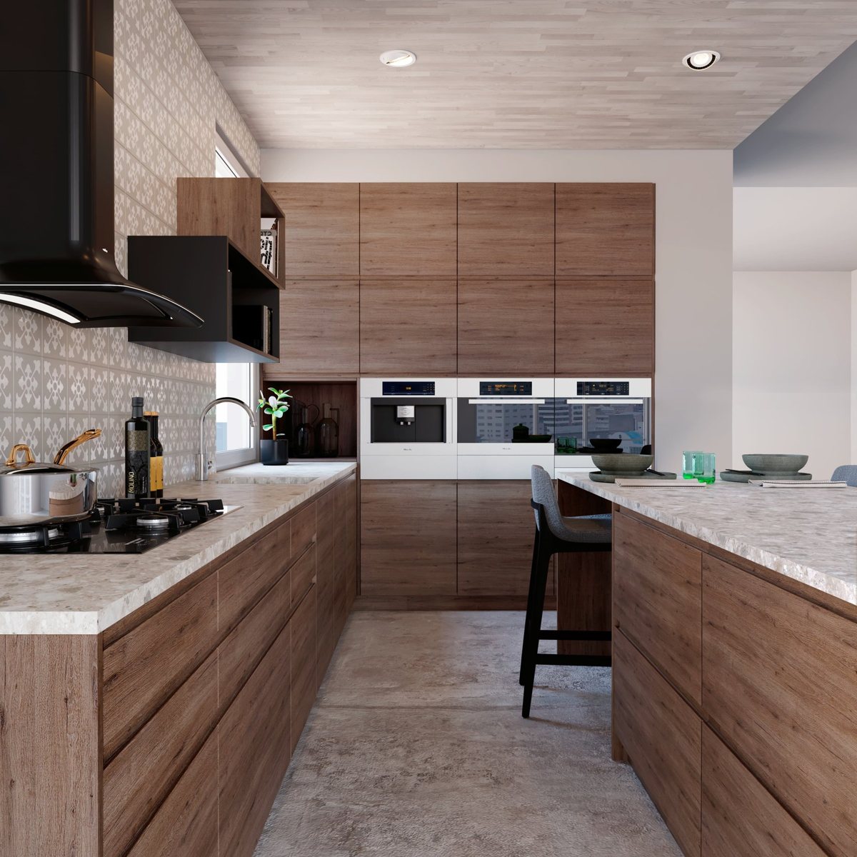 Dark ALVIC Anniversary Oak 03 SYNCRON kitchen cabinetry with black super-matt units