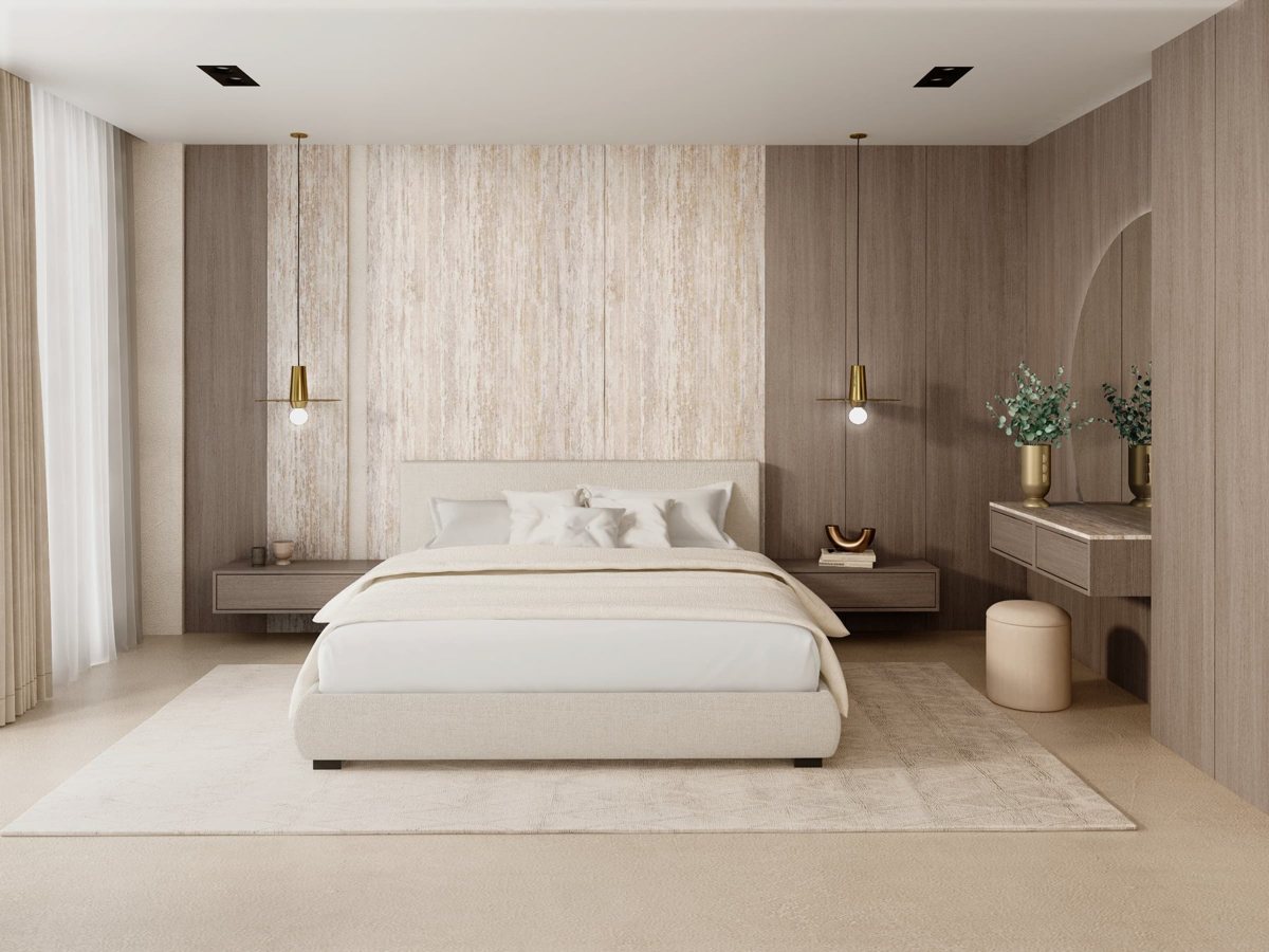 Bedroom with ALVIC Trevi 02 travertine wardrobe fronts and wood-effect panelling