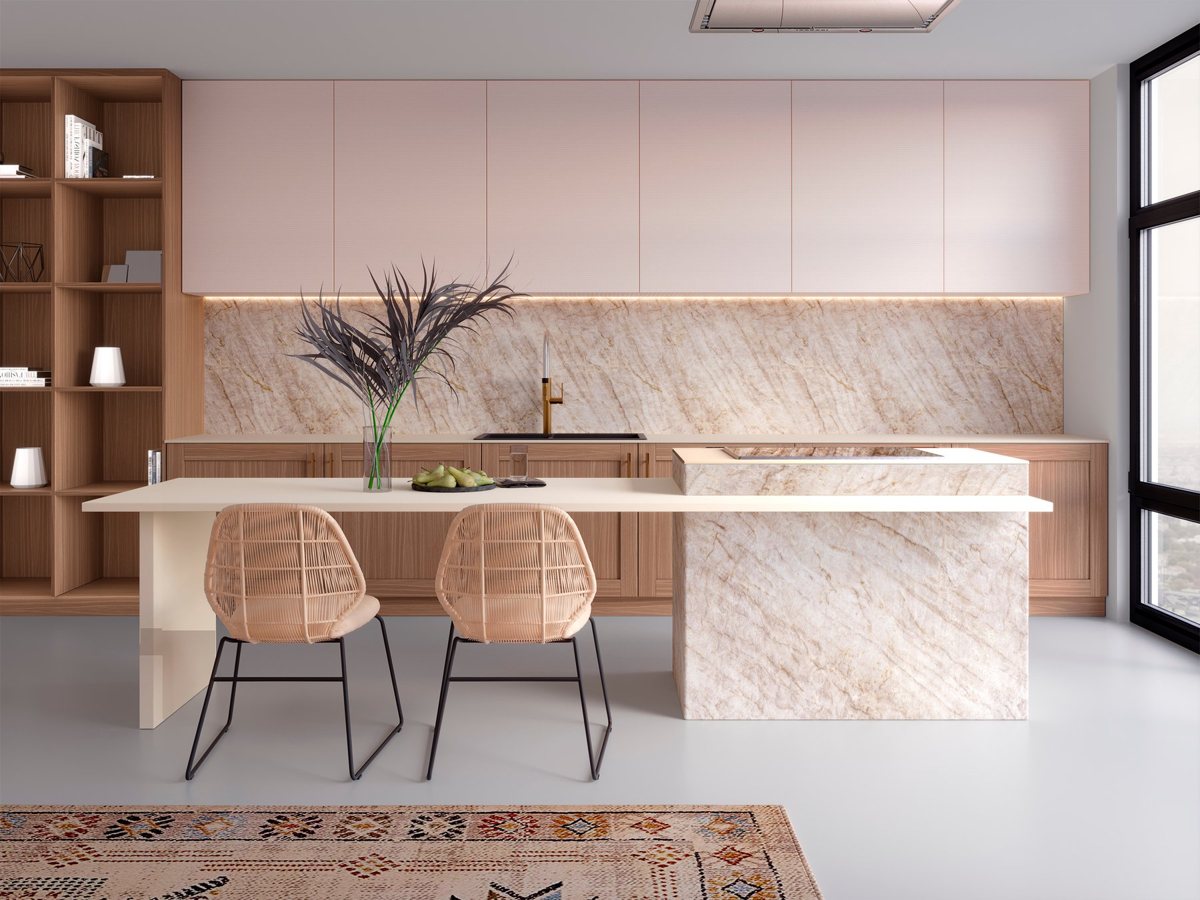 Interior with mid-tone ALVIC Picasso 02 walnut fronts against a lighter contrasting finish