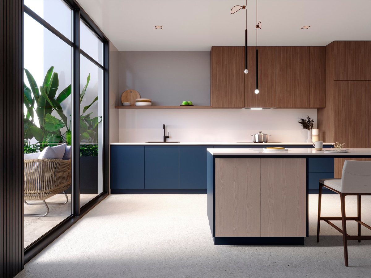 Dark ALVIC Picasso 03 SYNCRON walnut cabinetry beside a contrasting Vulcano finish