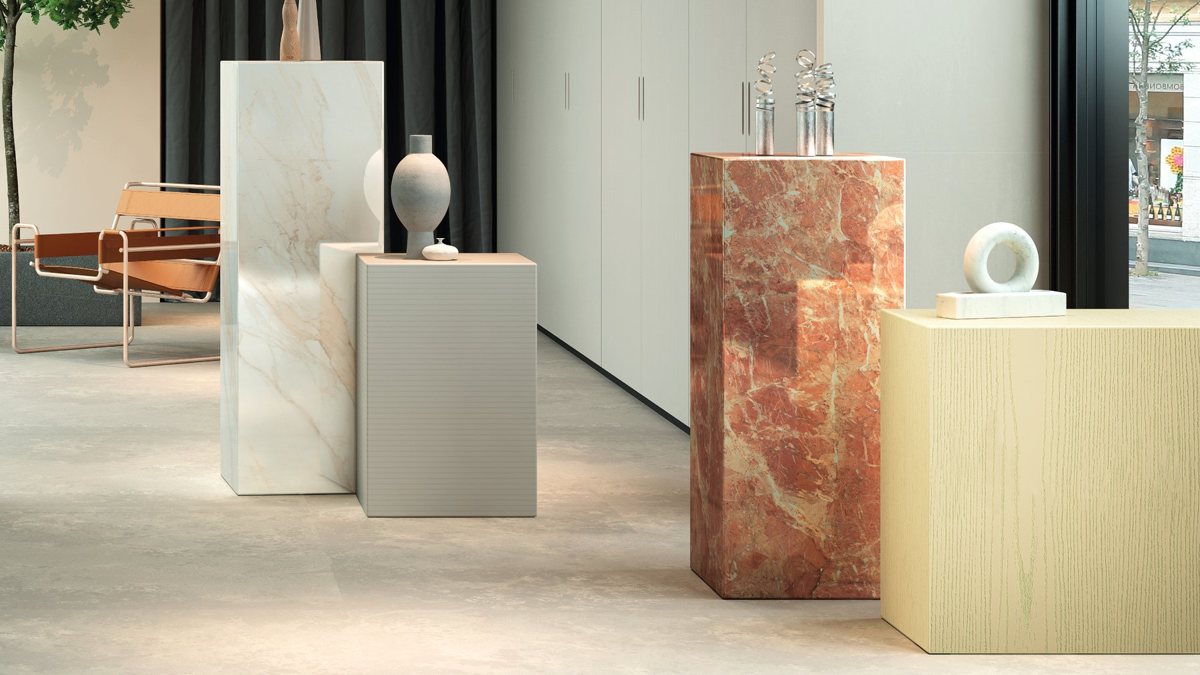 Warm neutral ALVIC Vulcano Avantgarde SYNCRON cabinetry with a yellow accent unit