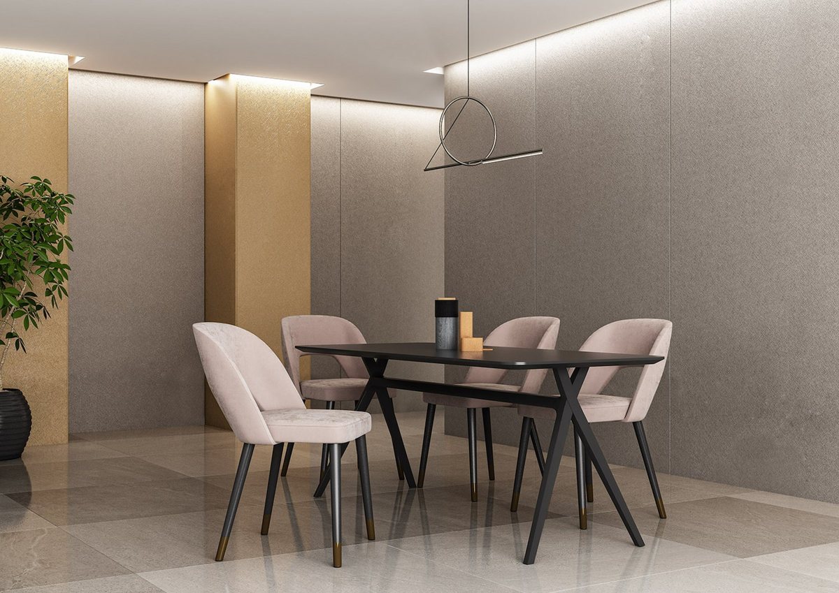 Interior with ALVIC Cross Metal Champagne textured metal-effect cabinetry and light gold accents