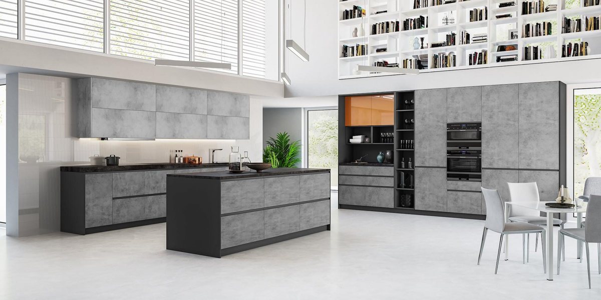 Open kitchen combining ALVIC Factory 02 dark concrete fronts with a lighter grey