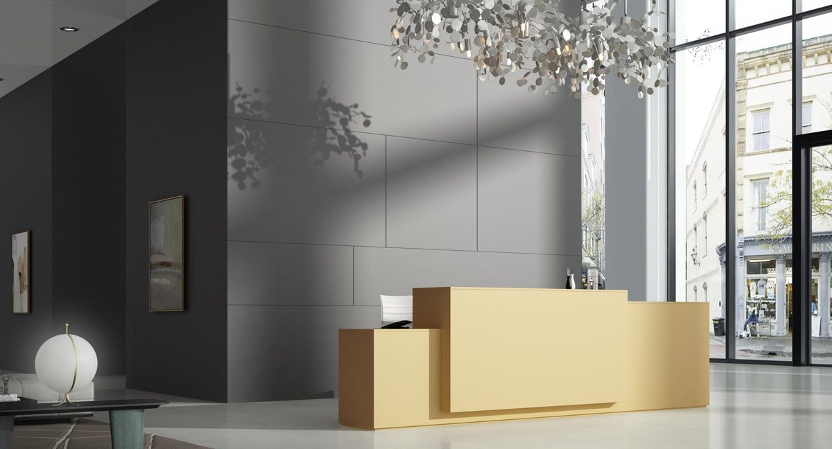 Reception desk finished in ALVIC Metal Plus Titanio and Light Gold matt metallic