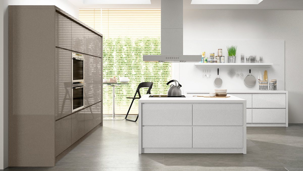 White ALVIC Blanco Colonial Pearl wall cabinets above Basalto Pearl lower units