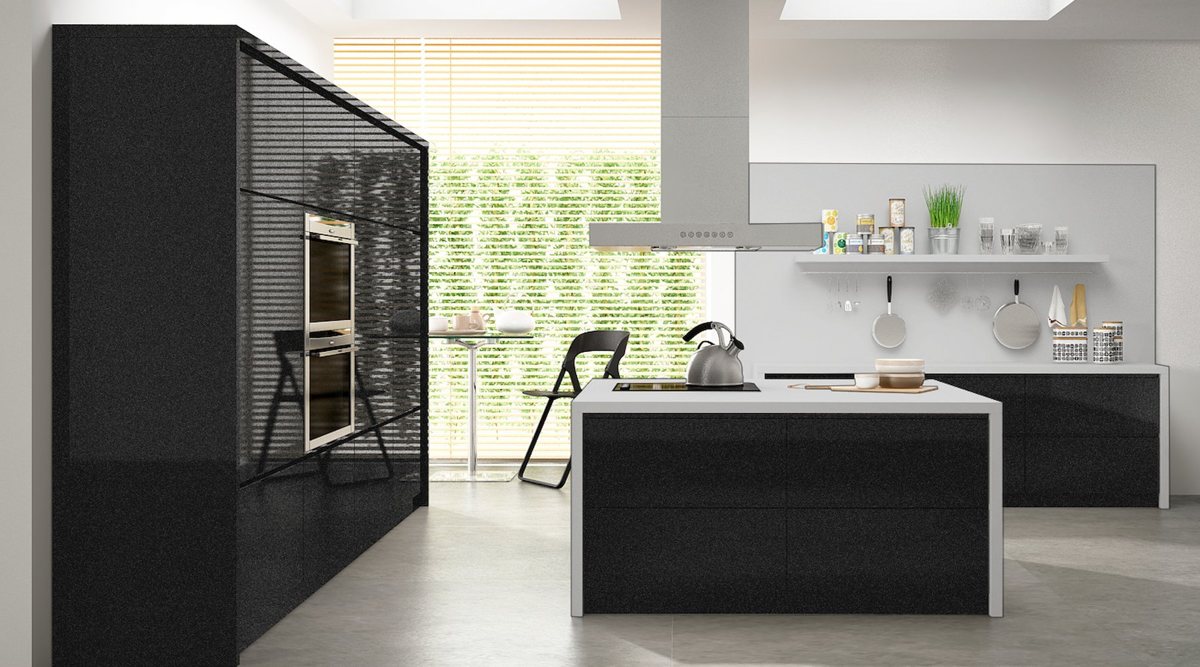 Black ALVIC Negro Pearl kitchen cabinetry in high-gloss Pearl Effect lacquer