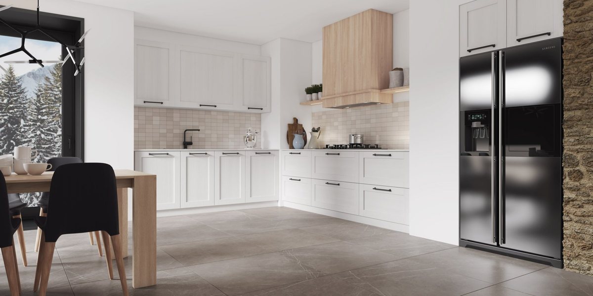 Open-grained white ALVIC Blanco JZ slab fronts with visible SYNCRON texture