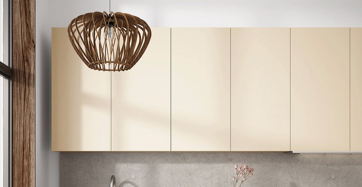 Sand-beige ALVIC Arena kitchen paired with textured dark walnut cabinetry