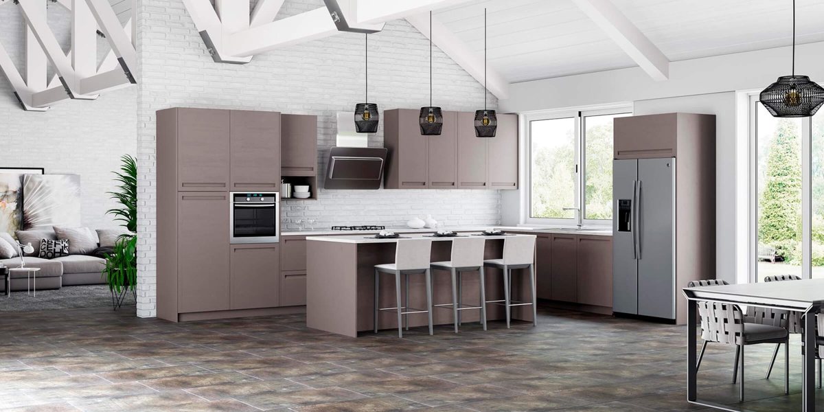 Basalto brown-grey ALVIC cabinetry running the full height of a living space wall