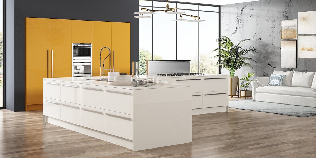 Bright white ALVIC Blanco Polar cabinetry in a high-gloss handleless kitchen