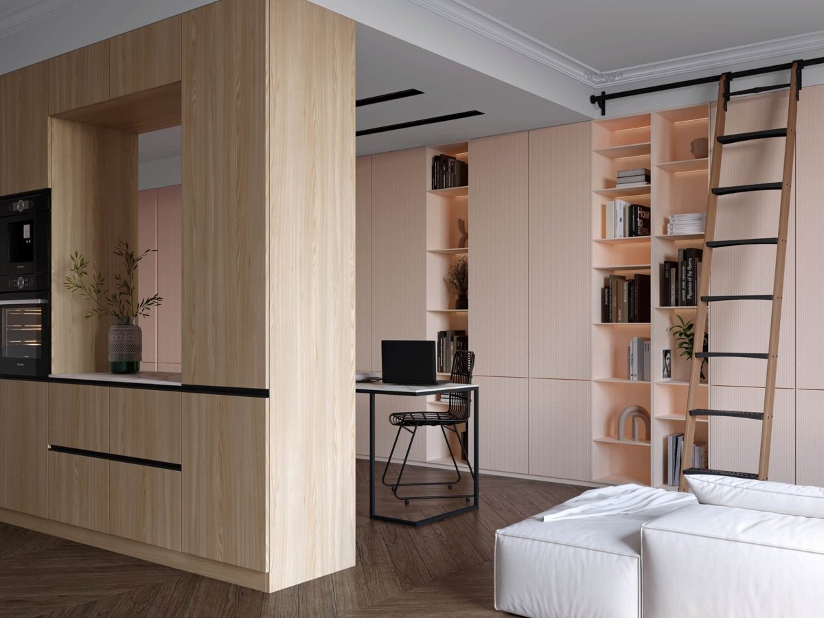 Dusty Rose SYNCRON storage wall in a living room beside a textured decor panel