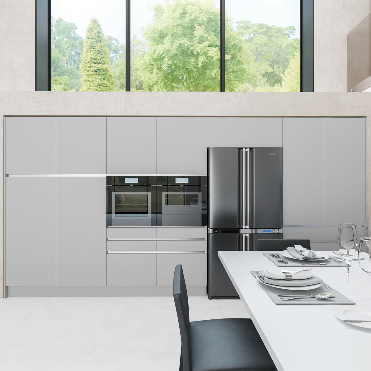 Mid-grey ALVIC Gris Nube kitchen cabinetry contrasted with near-black upper units