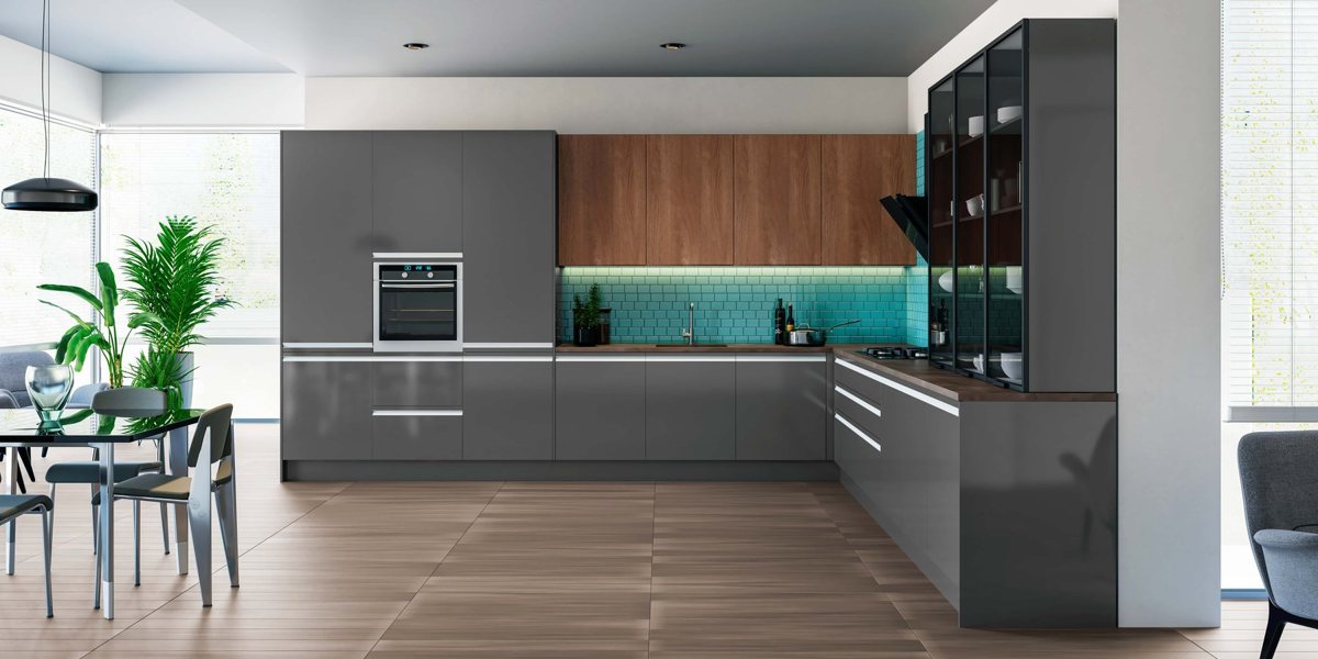 Lead grey ALVIC Gris Plomo gloss kitchen with matching island and pale worktop