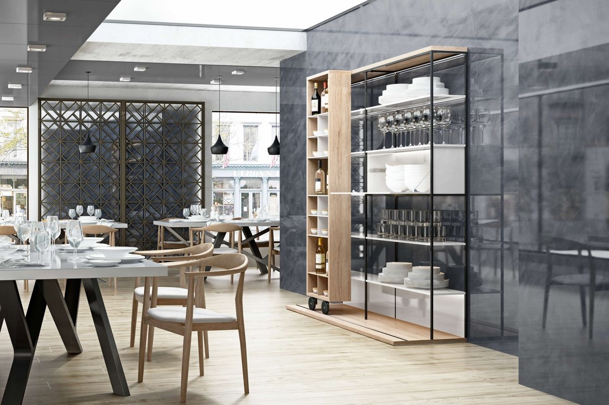 Kitchen wall clad in high-gloss ALVIC Steelboard Grafito graphite panels