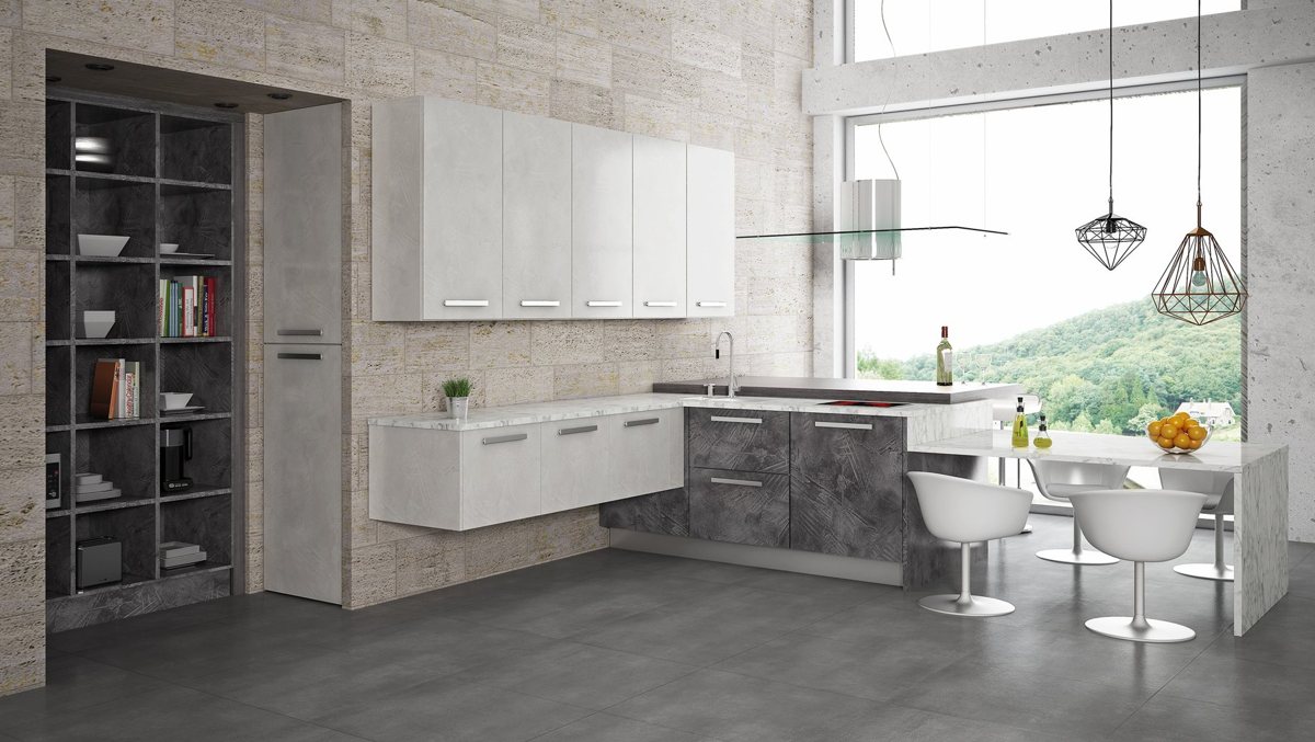 High-gloss white ALVIC Stuco 01 Blanco kitchen cabinetry with reflective fronts