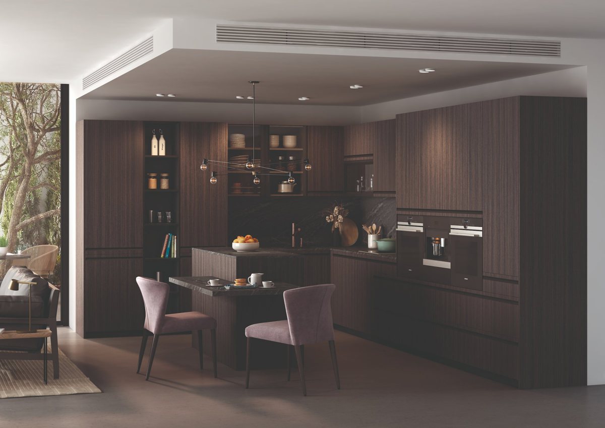 ALVIC Woodline 03 linear woodgrain cabinetry with a contrasting worktop