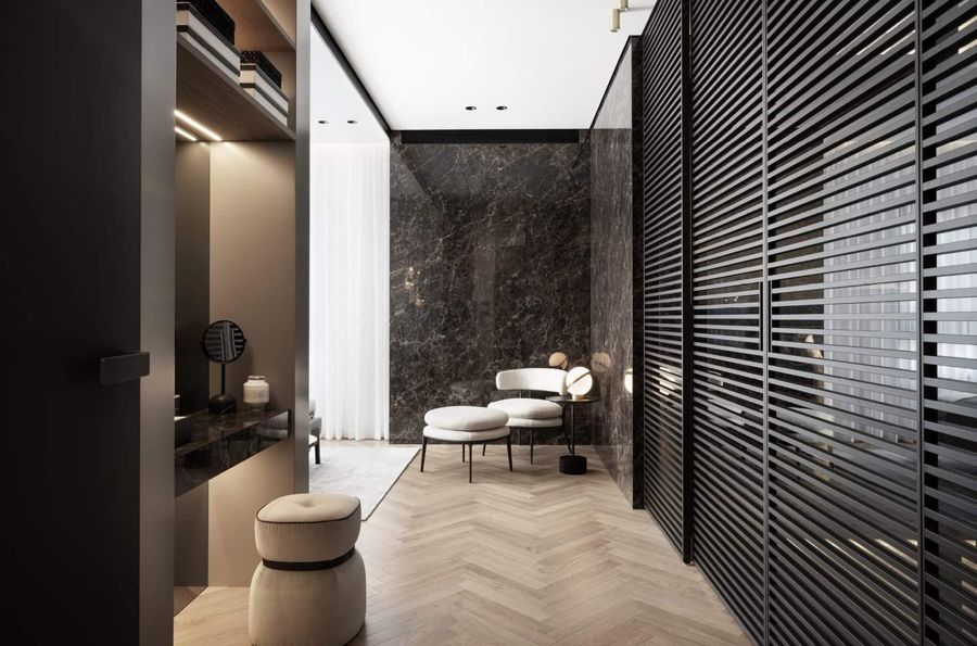 Dark Stone Master Suite — walk-in closets, built-ins & wall units, wall paneling by iKitchen Cabinetry, view 5